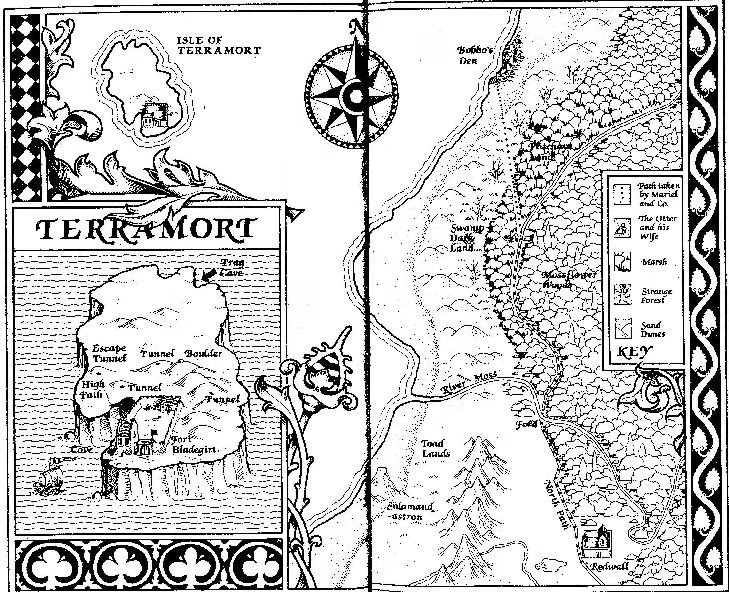 the mariel map is less woodblocky and more sketchy. a giant inset shows the pirate isle of terramort, where both an escape tunnel and several regular tunnels are marked, along with a couple caves, a high trail, and Fort Bladegin. Redwall and the coast are in what will become their usual conformation, salamandastron on the sea, bobbo's den, various swamps, the river moss, and one specific field labeled between the abbey/mossflower and the rest of the world