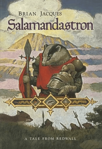 a badger with a spear and a cool helmet on which is a tiny, decorative metal badger which is a charming touch. the mountain looms in the background, vermin in the foreground. salamandastron just gets "a tale from redwall" as a cover blurb