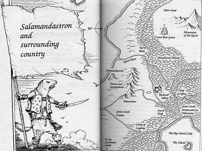 this one's got a fun illustration of a mustelid baddie brandishing a sword and a banner that reads "salamandastron and surrounding country" but is otherwise not very distinct from other maps. you get the standard mossflower, river moss, abbey, and salamandastron, a few labeled camps, something called the crows pine grove, and the mountains of the north, as well as i think the first appearance of the big inland lake with an island in the middle. this will come up later