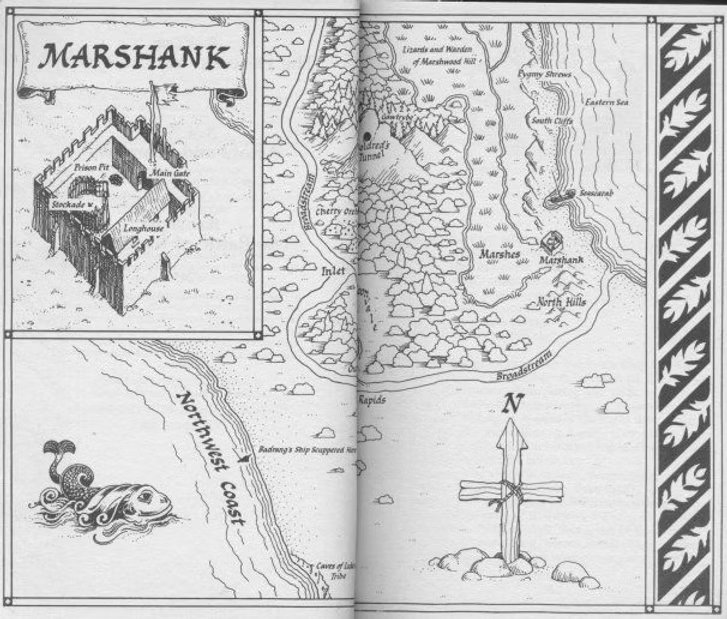 a neatly illustrated map with a fun sea monster in the ocean bit. redwall is not in this one. we're on a sort of peninsula between the eastern sea and northwest coast, because names are hard. a compass made of weathered boards points north toward a fort surrounded by a river and some woods and marshes and hills, scattered with the usual redwall attention to detail. an inset shows us fort marshank up close so we can see it has a stockade, prison pit, longhouse, and main gate, which was probably very important