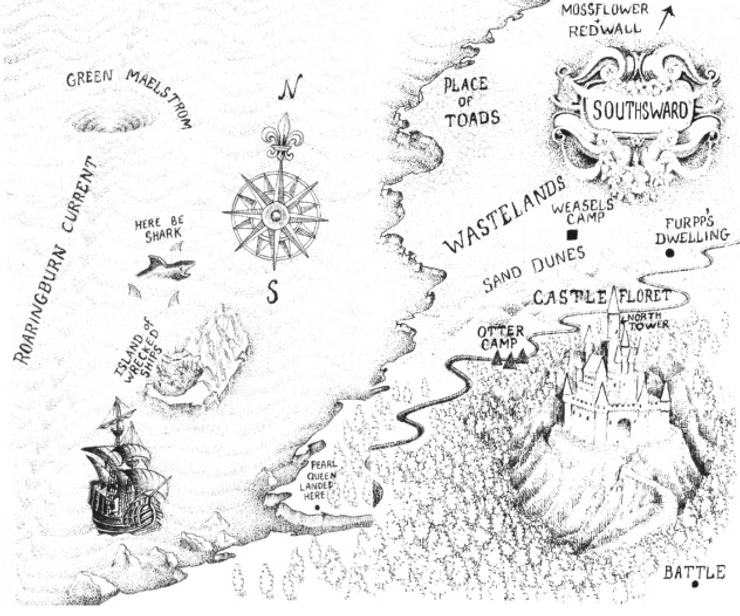 this map has a sort of inkwash smudge to it. mossflower and redwall are indicated as being off-map, so all new stuff. the ocean contains a compass and decorative ship, also the green maelstrom whirlpool and roaringburn current, and here be shark (just one i guess) and the island of wrecked ships. southsward has a forest, a wasteland, some toads, some camps, and a castle called floret. one point is simply marked "battle" with a little dot in the corner.