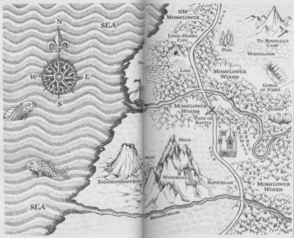 a sketchy, pulp look to this map, with the ocean taking up a lot of space for no particular reason, and some scale-whales and a big compass are thrown in there just to fill the room. the map is otherwise standard-stuff. salamandastron, the abbey, the woods, something called the gorge of foxes. the usual.