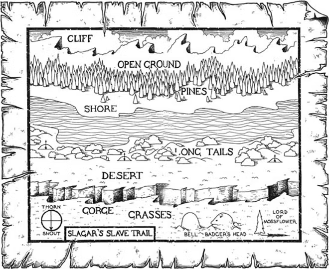 the Mattimeo map is an unusable slab of landforms in a woodblock style. the compass points from thorn to shout because that is how riddles work in this world. the lord of mossflower (tree) and bell and badger's head (rocks) mark the beginning of the trail which leads from grasses to gorge to desert to long tails (hills?) to a river to the shore (unclear why that is labeled when the river is not, unless the river is long tails), pines, open ground, cliff. 