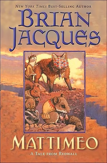 one of the slightly less whimsical covers, this one still has the inset panel look but the animals are more realistic and subsequently look weirder wearing their clothes. an adorable stoat and a fox in a domino mask look precious, not menacing, while the baby animals in dumb shirts lurch along in chains. behind them is the gorge