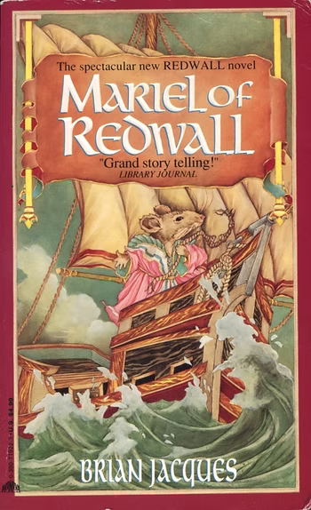 mariel of redwall, which the library journal informs us is "grand story telling!" and an unattributed tagline calls "the spectacular new REDWALL novel," Abandoning the sort of paneled look of the first three, this is just a portrait of mariel in the prow of a ship with no proportional relationship to her body, swinging her cool signature weapon, a ratty piece of rope